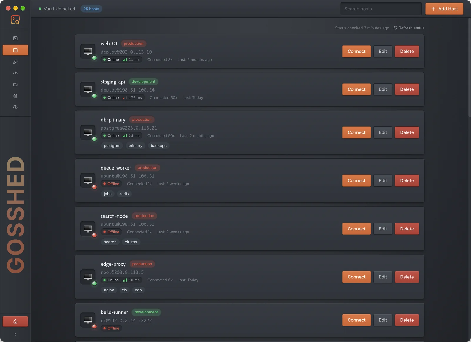 The host list: each host with its environment, address, status, latency and tags.